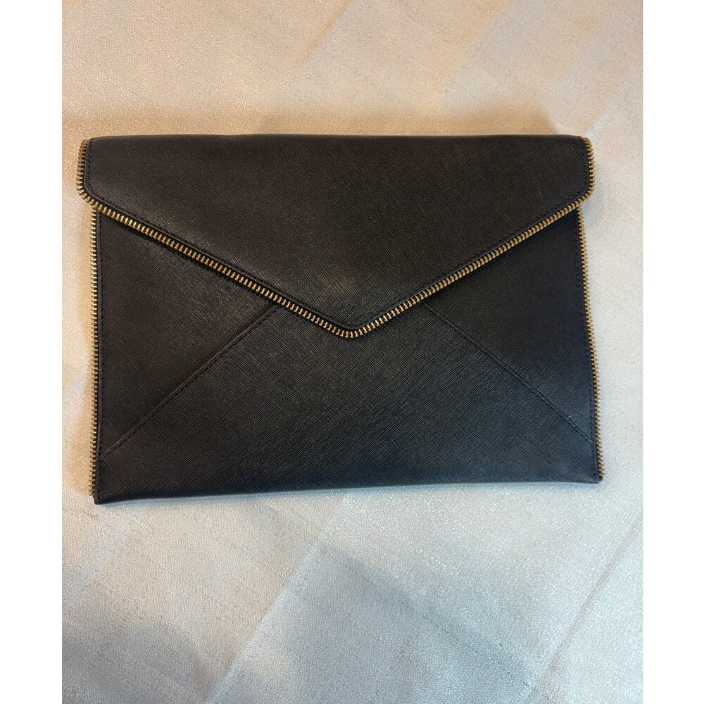Rebecca Minkoff Leo Black Saffiano Leather Envelope Clutch Gold Zip NWT